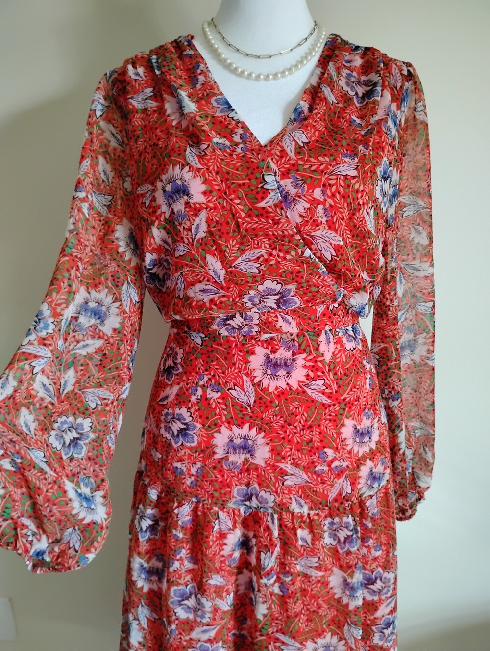 Sam Edelman Red Floral Tiered Dress Boho Classic Colorful Feminine Size 8